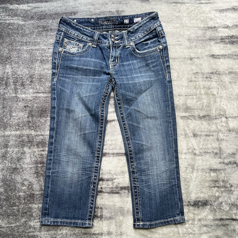 Y2K Miss Me Jeans Womens 27x19 Midrise Capri Studded Rhinestone Wings Straight